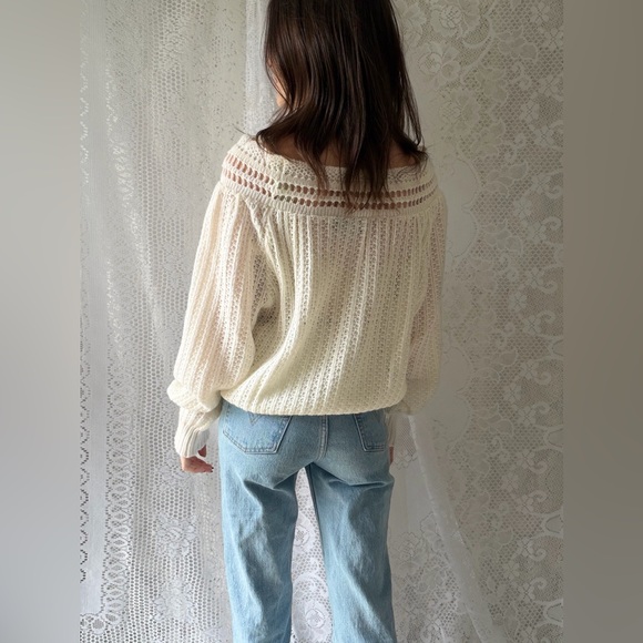 Vintage Cream Off Shoulder Knit Sweater Cottagecore Balloon Sleeve Soft - Picture 4 of 17